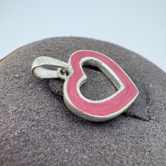 VTG Sterling Silver 925 Pink Enamel Open Heart Pendant Size 0.75" Length - Picture 2 of 10